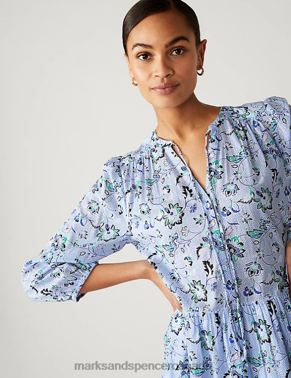 Marks and Spencer Canada - Women Blue Mix Clothing Marks & Spencer Pure Cotton Printed Tie Neck Mini Dress 20VTD594