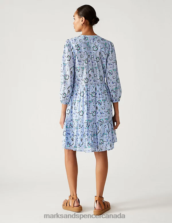 Marks and Spencer Canada - Women Blue Mix Clothing Marks & Spencer Pure Cotton Printed Tie Neck Mini Dress 20VTD594