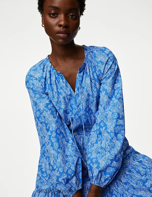 Marks and Spencer near me - Women Blue Mix Clothing Marks & Spencer Pure Cotton Printed V-Neck Midaxi Shirt Dress 20VTD808