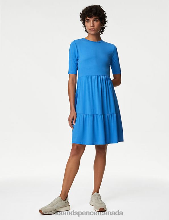 Women Bright Blue Clothing Marks & Spencer Jersey Round Neck Knee Length Tiered Dress 20VTD1155 - Marks and Spencer online