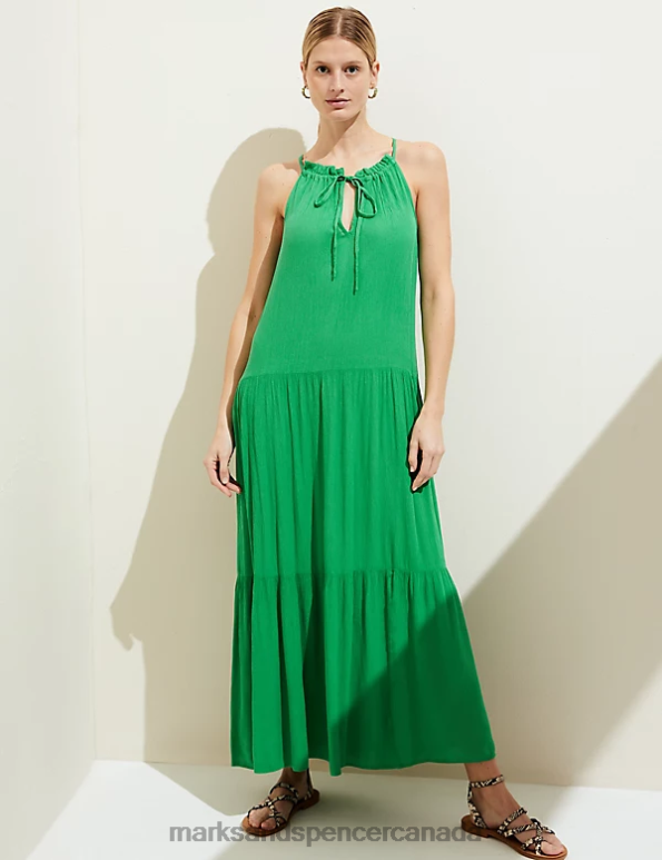 Women Bright Green Clothing Marks & Spencer High Neck Midaxi Tiered Beach Dress 20VTD1629 - Marks and Spencer online