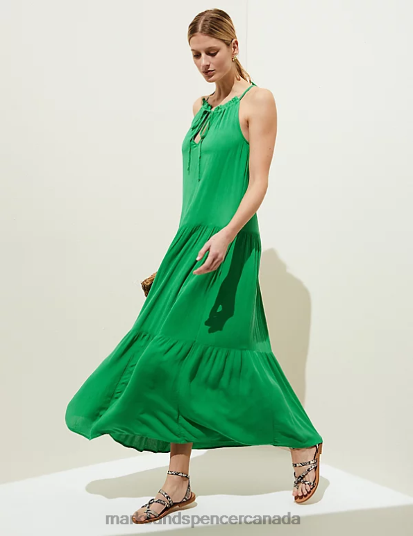 Women Bright Green Clothing Marks & Spencer High Neck Midaxi Tiered Beach Dress 20VTD1629 - Marks and Spencer online
