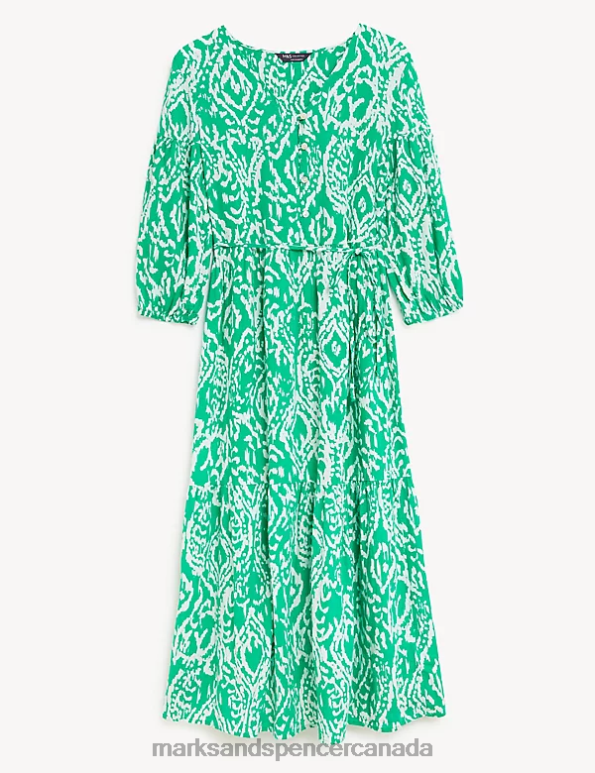 Marks and Spencer Canada - Women Bright Green Clothing Marks & Spencer Linen Blend Printed V-Neck Midi Dress 20VTD2484