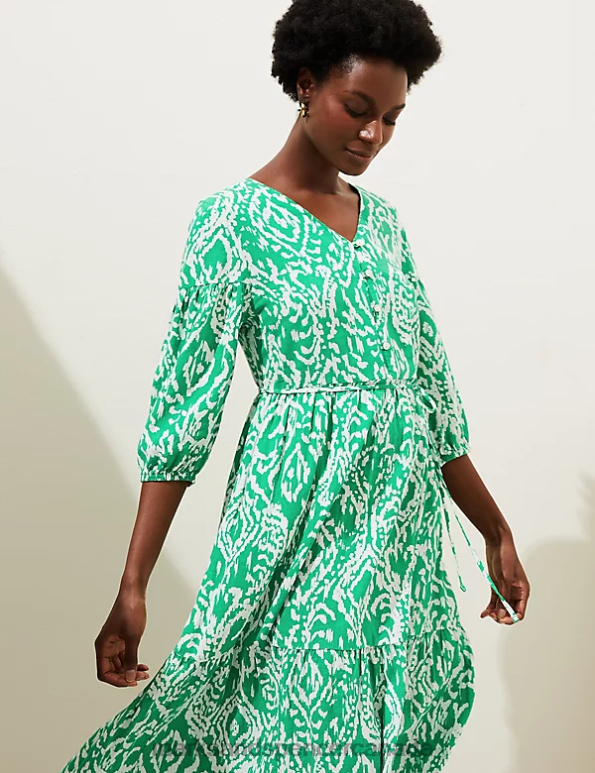 Marks and Spencer Canada - Women Bright Green Clothing Marks & Spencer Linen Blend Printed V-Neck Midi Dress 20VTD2484