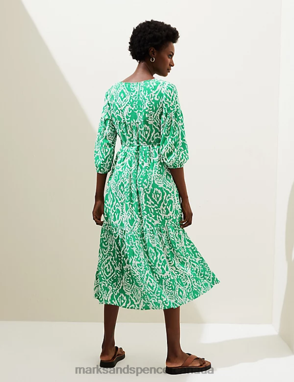 Marks and Spencer Canada - Women Bright Green Clothing Marks & Spencer Linen Blend Printed V-Neck Midi Dress 20VTD2484