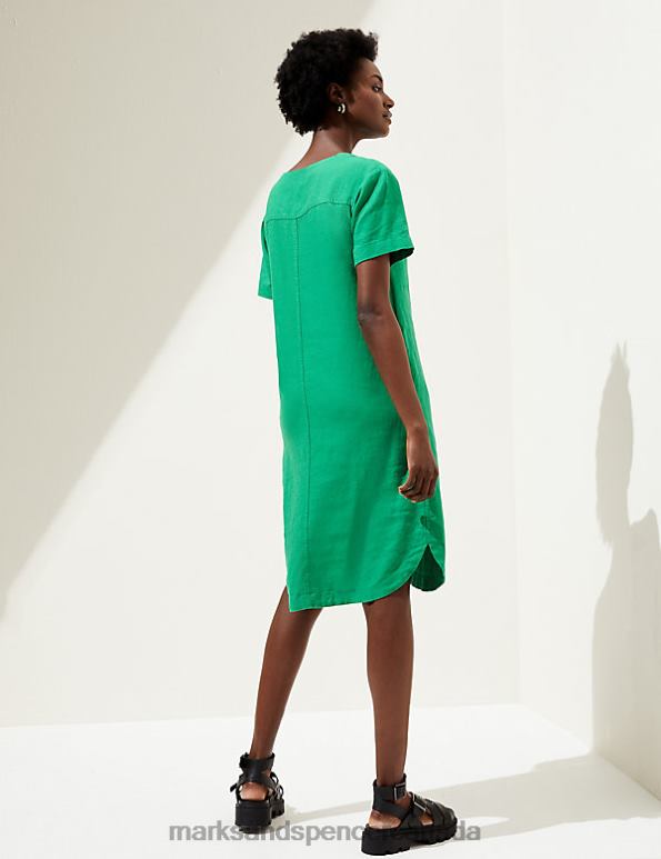 Women Bright Green Clothing Marks & Spencer Linen Rich V-Neck Midi Shift Dress 20VTD1159 - Marks and Spencer Canada locations