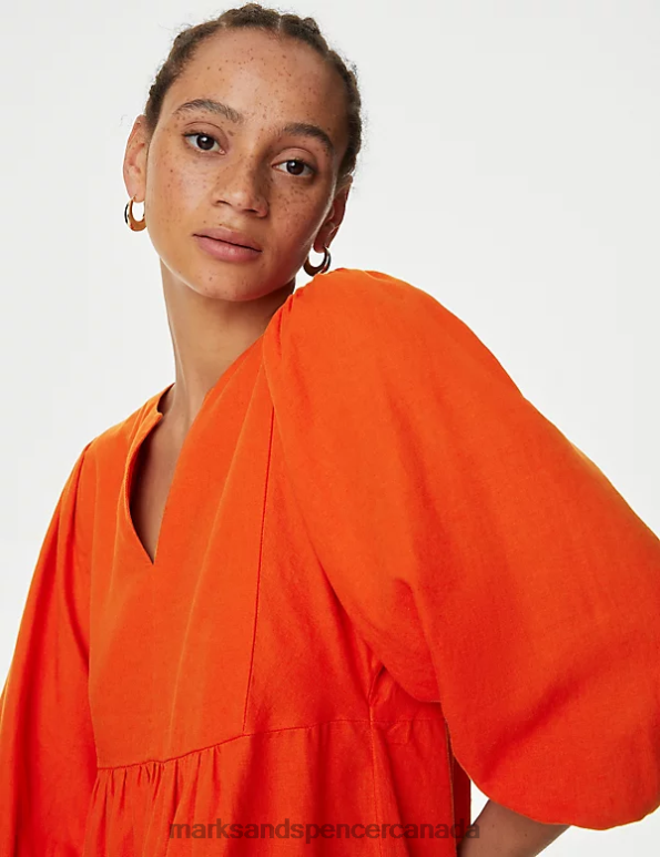Women Bright Orange Clothing Marks & Spencer Linen Rich V-Neck Midi Beach Dress 20VTD57 - Marks and Spencer online