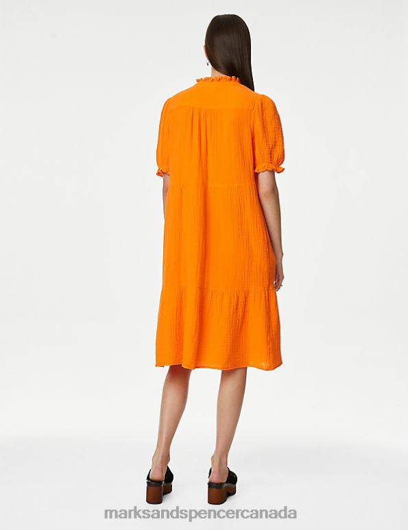 Women Bright Orange Clothing Marks & Spencer Pure Cotton Textured Tie Neck Tiered Dress 20VTD2393 - Marks and Spencer Canada locations