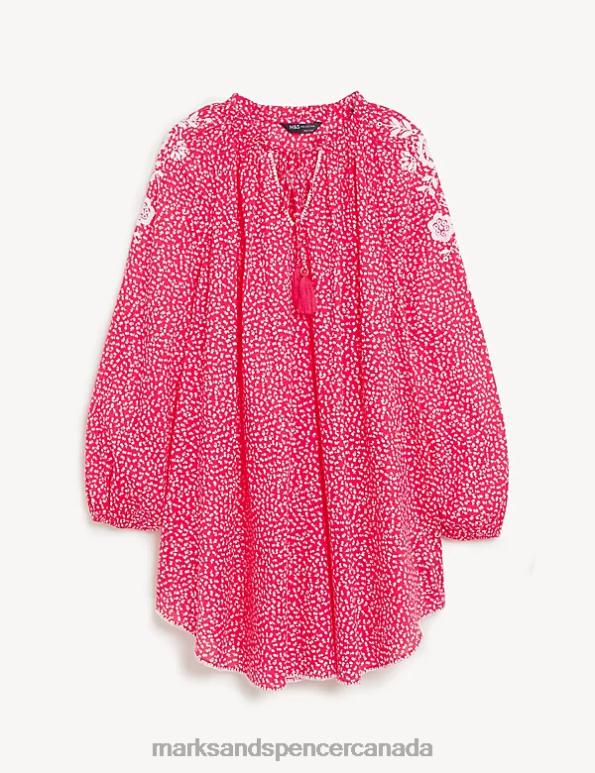 Women Bright Red Clothing Marks & Spencer Pure Cotton Printed Beach Cover Up Kaftan 20VTD814 - Marks and Spencer Canada locations