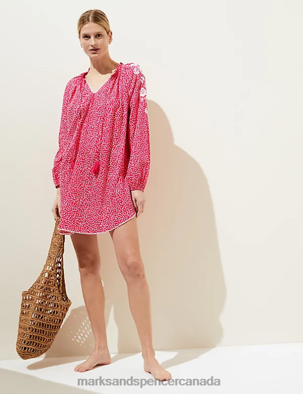 Women Bright Red Clothing Marks & Spencer Pure Cotton Printed Beach Cover Up Kaftan 20VTD814 - Marks and Spencer Canada locations