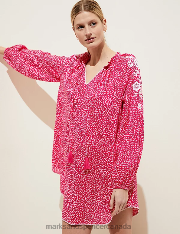 Women Bright Red Clothing Marks & Spencer Pure Cotton Printed Beach Cover Up Kaftan 20VTD814 - Marks and Spencer Canada locations
