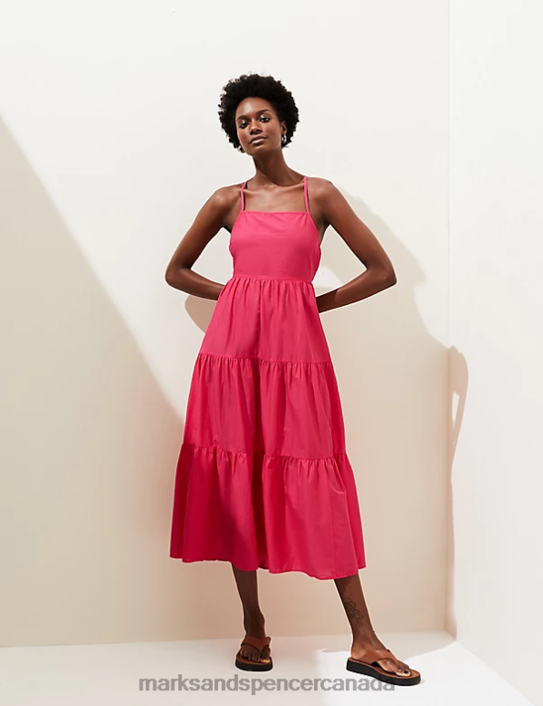 Women Bright Red Clothing Marks & Spencer Pure Cotton Square Neck Midaxi Beach Dress 20VTD273 - Marks and Spencer Canada locations