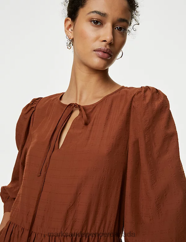Women Brown Clothing Marks & Spencer Textured Tie Neck Midi Relaxed Smock Dress 20VTD1430 - Marks and Spencer online