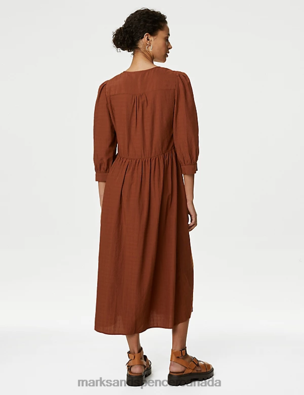 Women Brown Clothing Marks & Spencer Textured Tie Neck Midi Relaxed Smock Dress 20VTD1430 - Marks and Spencer online