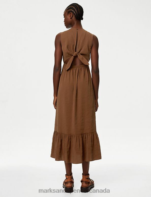 Women Brown Clothing Marks & Spencer V-Neck Tie Detail Midaxi Waisted Dress 20VTD2735 - Marks and Spencer online