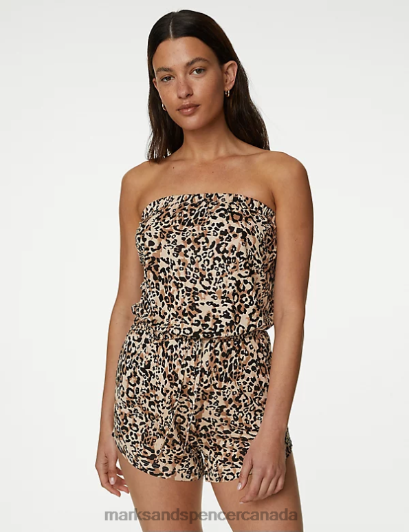 Women Brown Mix Clothing Marks & Spencer Jersey Printed Drawstring Playsuit 20VTD2051 - Marks and Spencer online