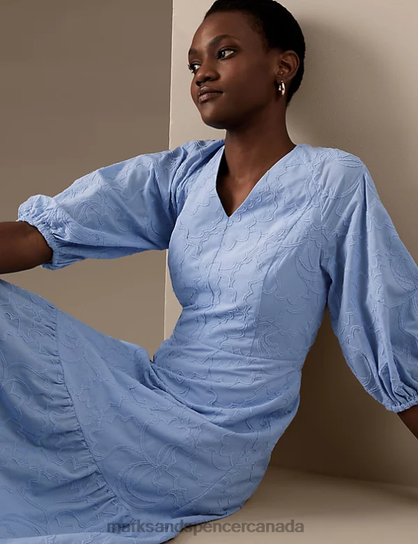 Marks and Spencer Canada - Women Chambray Clothing Marks & Spencer Pure Cotton Embroidered V-Neck Midaxi Dress 20VTD712