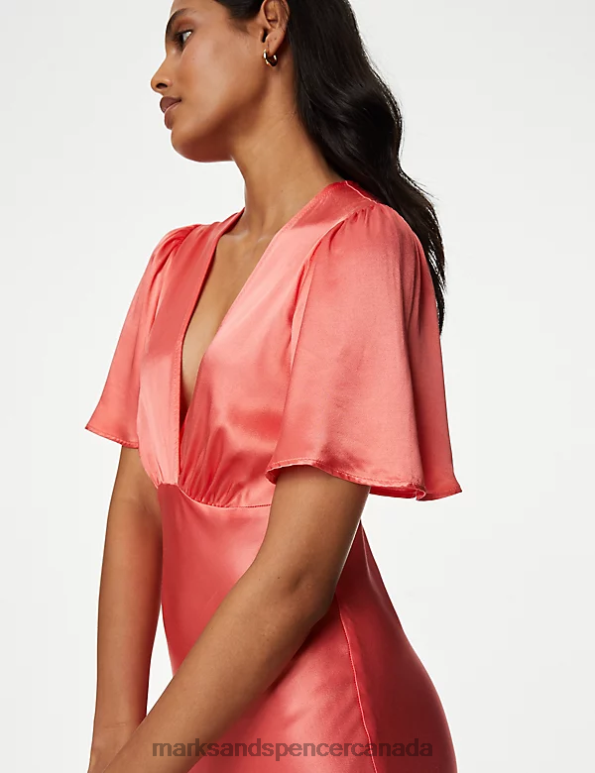 Marks and Spencer sale - Women Coral Clothing Marks & Spencer Satin V-Neck Angel Sleeve Midi Tea Dress 20VTD1015