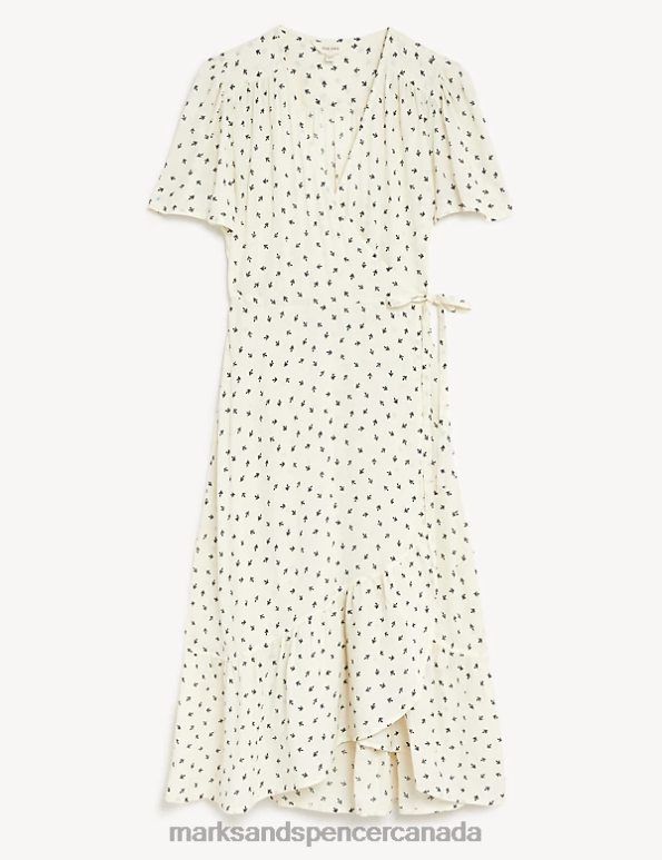 Women Cream Mix Clothing Marks & Spencer Printed V-Neck Midi Wrap Dress 20VTD634 - Marks and Spencer online