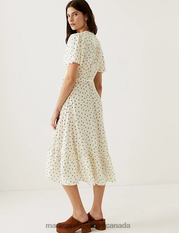 Women Cream Mix Clothing Marks & Spencer Printed V-Neck Midi Wrap Dress 20VTD634 - Marks and Spencer online