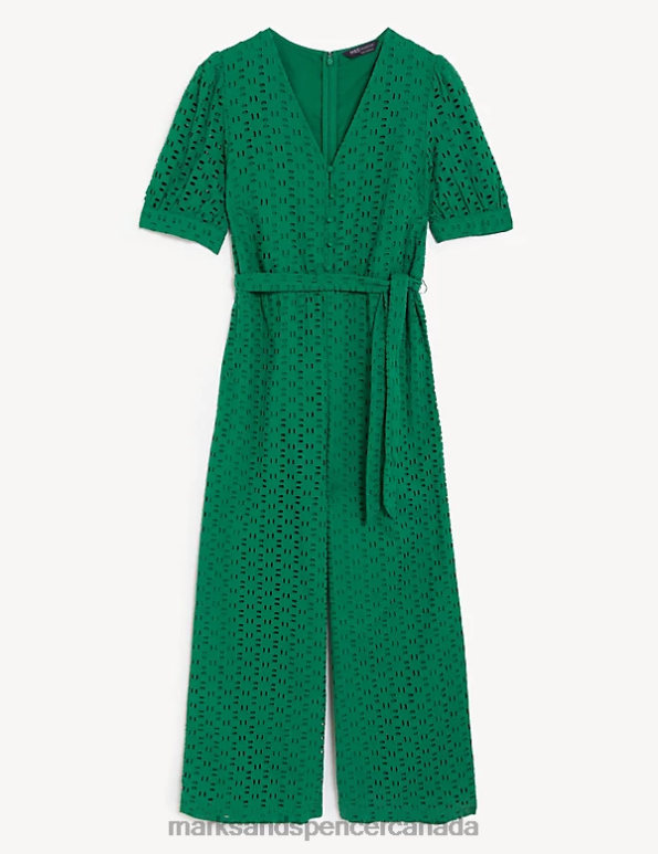 Women Dark Green Clothing Marks & Spencer Pure Cotton Broderie Cropped Jumpsuit 20VTD2172 - Marks and Spencer outlet
