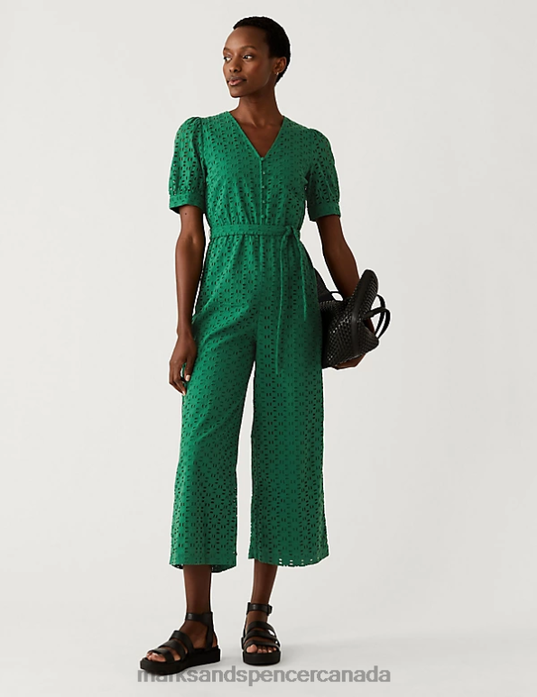 Women Dark Green Clothing Marks & Spencer Pure Cotton Broderie Cropped Jumpsuit 20VTD2172 - Marks and Spencer outlet