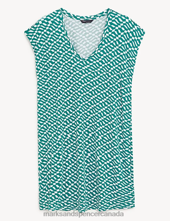 Marks and Spencer near me - Women Dark Green Mix Clothing Marks & Spencer Jersey Printed V-Neck Mini T-Shirt Dress 20VTD2159