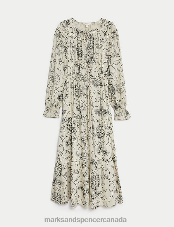 Women Ecru Mix Clothing Marks & Spencer Printed Shirred Midi Tiered Dress 20VTD379 - Marks and Spencer outlet