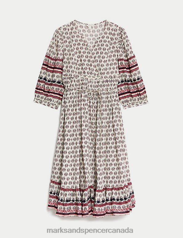 Marks and Spencer Canada - Women Ecru Mix Clothing Marks & Spencer Pure Cotton Printed V-Neck Midi Smock Dress 20VTD331