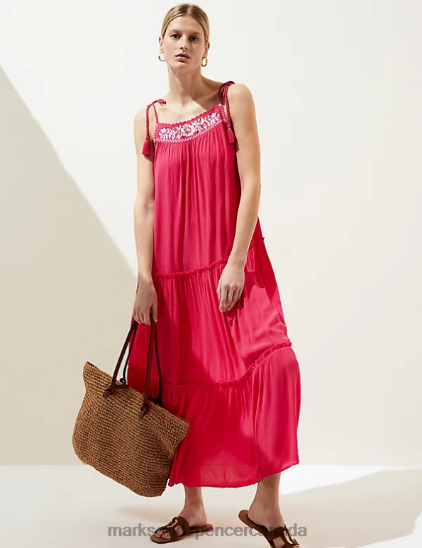 Women Fuchsia Clothing Marks & Spencer Embroidered Square Neck Midaxi Tiered Dress 20VTD466 - Marks and Spencer online