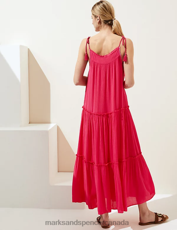 Women Fuchsia Clothing Marks & Spencer Embroidered Square Neck Midaxi Tiered Dress 20VTD466 - Marks and Spencer online