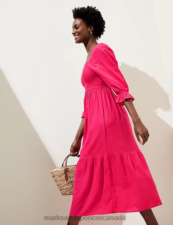 Marks and Spencer near me - Women Fuchsia Clothing Marks & Spencer Linen Blend Square Neck Shirred Midi Dress 20VTD965