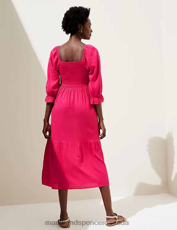 Marks and Spencer near me - Women Fuchsia Clothing Marks & Spencer Linen Blend Square Neck Shirred Midi Dress 20VTD965