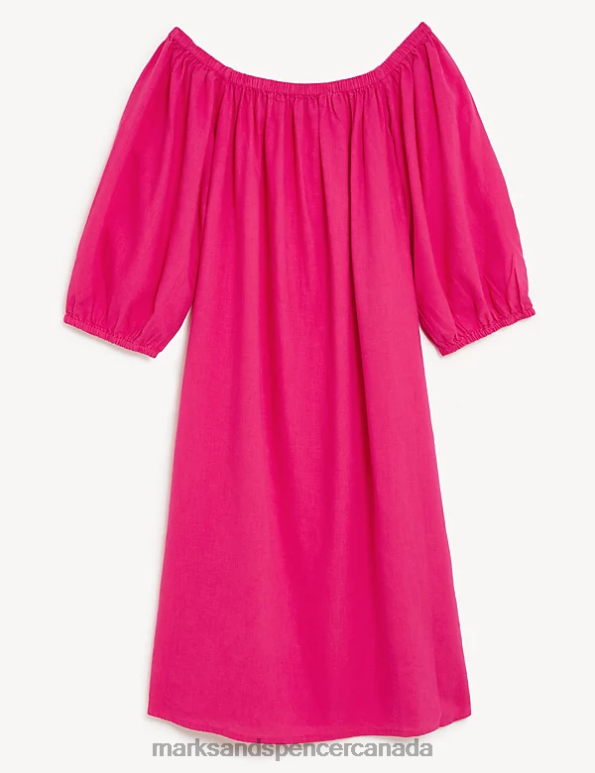 Marks and Spencer near me - Women Fuchsia Clothing Marks & Spencer Linen Rich Bardot Knee Length Shift Dress 20VTD2636