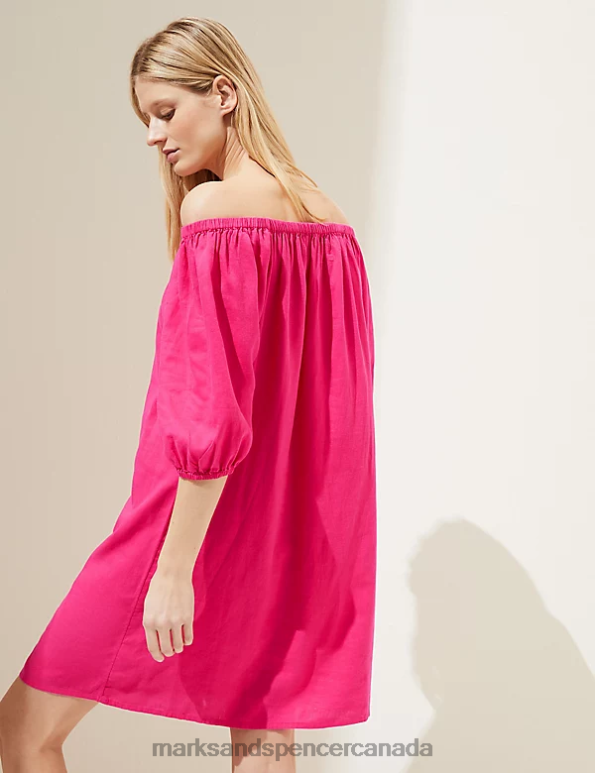 Marks and Spencer near me - Women Fuchsia Clothing Marks & Spencer Linen Rich Bardot Knee Length Shift Dress 20VTD2636