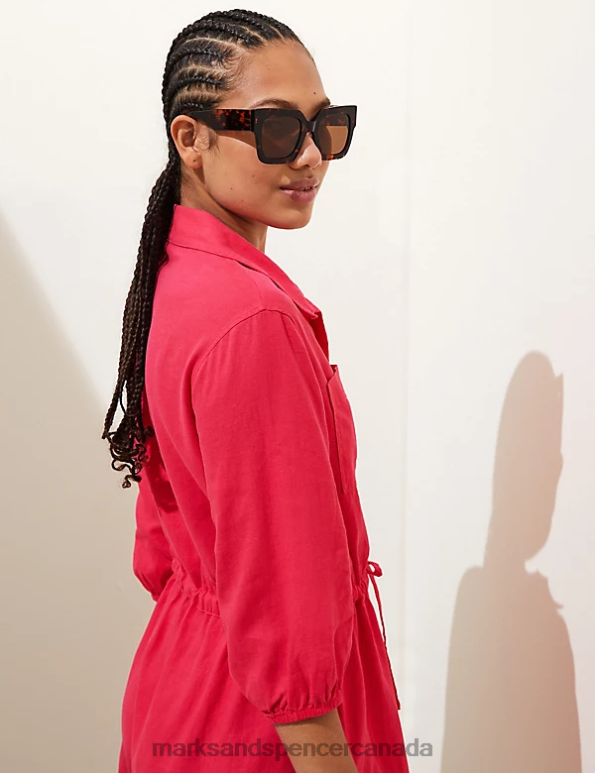 Women Fuchsia Clothing Marks & Spencer Linen Rich Button Through Mini Shirt Dress 20VTD874 - Marks and Spencer outlet