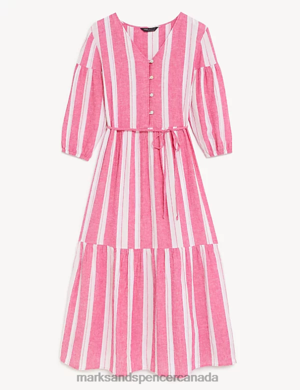 Marks and Spencer sale - Women Fuchsia Mix Clothing Marks & Spencer Linen Blend Striped V-Neck Midi Tiered Dress 20VTD1451