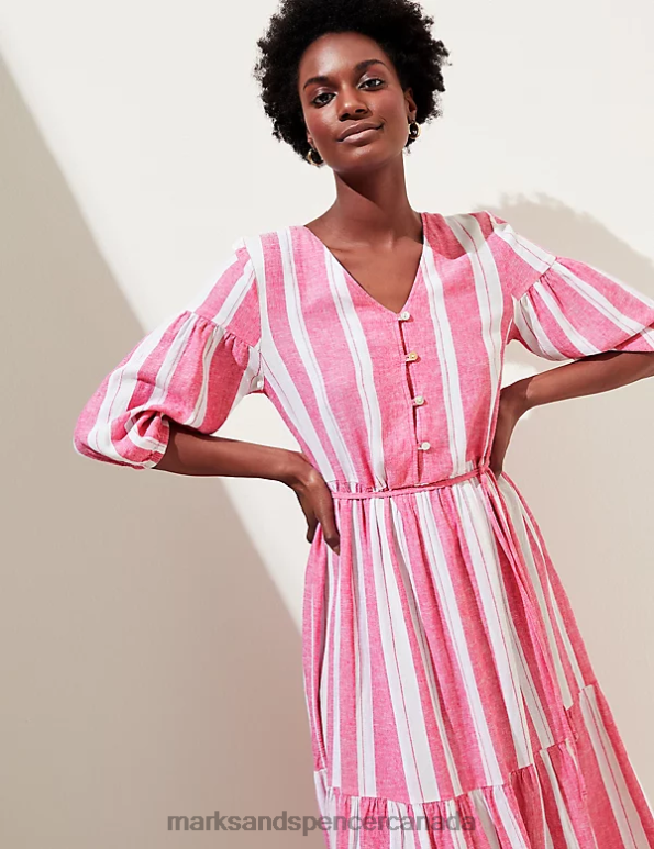 Marks and Spencer sale - Women Fuchsia Mix Clothing Marks & Spencer Linen Blend Striped V-Neck Midi Tiered Dress 20VTD1451