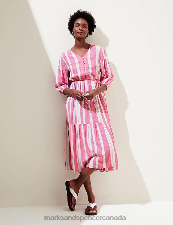 Marks and Spencer sale - Women Fuchsia Mix Clothing Marks & Spencer Linen Blend Striped V-Neck Midi Tiered Dress 20VTD1451