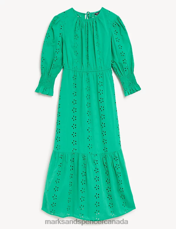 Women Green Clothing Marks & Spencer Pure Cotton Broderie Midi Waisted Dress 20VTD802 - Marks and Spencer Canada locations