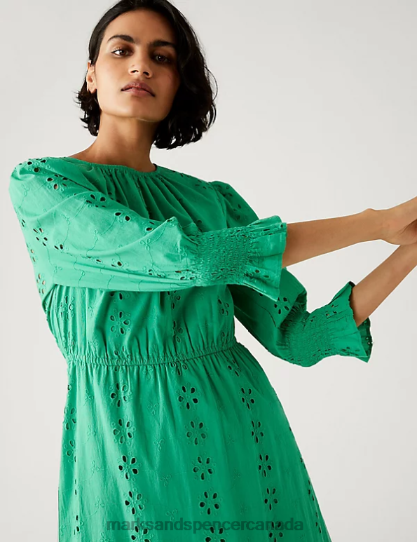 Women Green Clothing Marks & Spencer Pure Cotton Broderie Midi Waisted Dress 20VTD802 - Marks and Spencer Canada locations