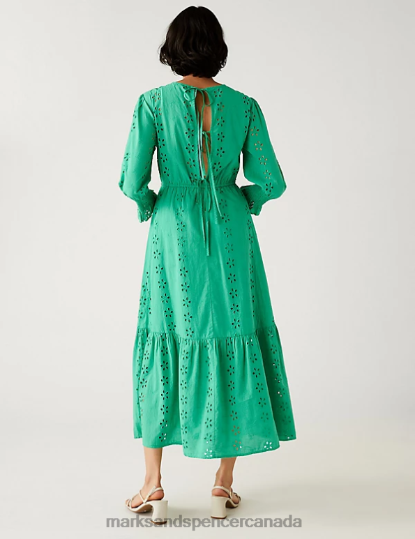 Women Green Clothing Marks & Spencer Pure Cotton Broderie Midi Waisted Dress 20VTD802 - Marks and Spencer Canada locations
