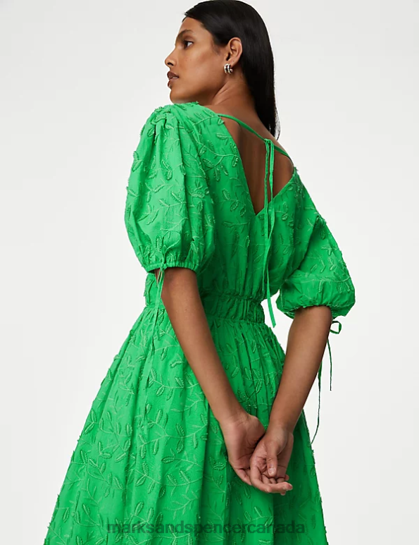 Marks and Spencer near me - Women Green Clothing Marks & Spencer Pure Cotton Embroidered Midi Waisted Dress 20VTD883