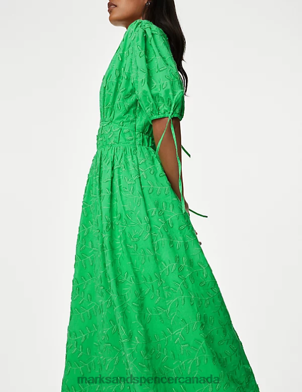 Marks and Spencer near me - Women Green Clothing Marks & Spencer Pure Cotton Embroidered Midi Waisted Dress 20VTD883