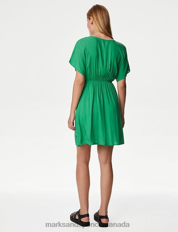 Women Green Clothing Marks & Spencer V-Neck Tie Waist Mini Waisted Dress 20VTD2552 - Marks and Spencer outlet