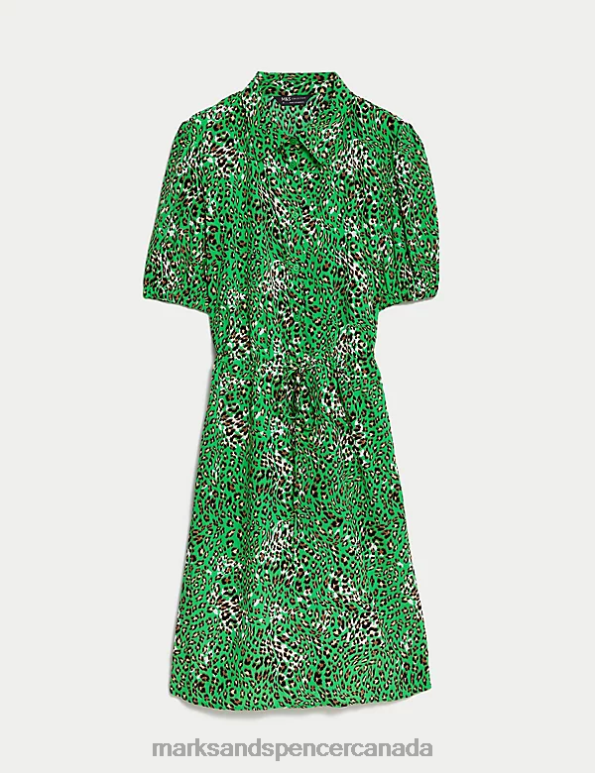 Women Green Mix Clothing Marks & Spencer Animal Print Tie Waist Shirt Dress 20VTD812 - Marks and Spencer online