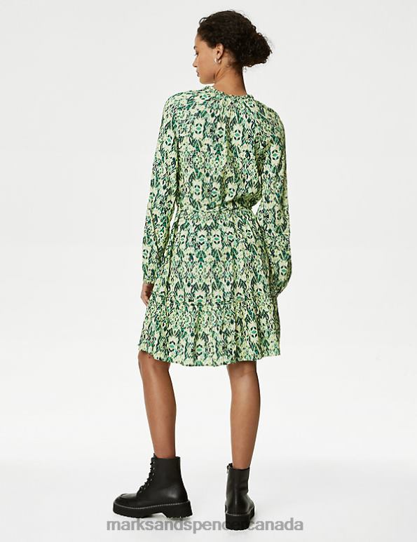 Women Green Mix Clothing Marks & Spencer Cotton Rich Printed Mini Waisted Dress 20VTD80 - Marks and Spencer outlet