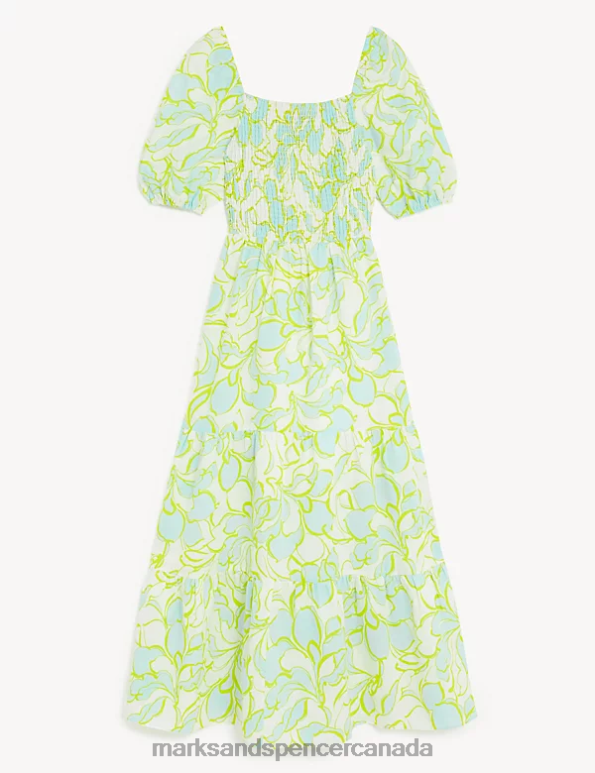 Women Green Mix Clothing Marks & Spencer Linen Rich Floral Square Neck Midi Dress 20VTD296 - Marks and Spencer outlet