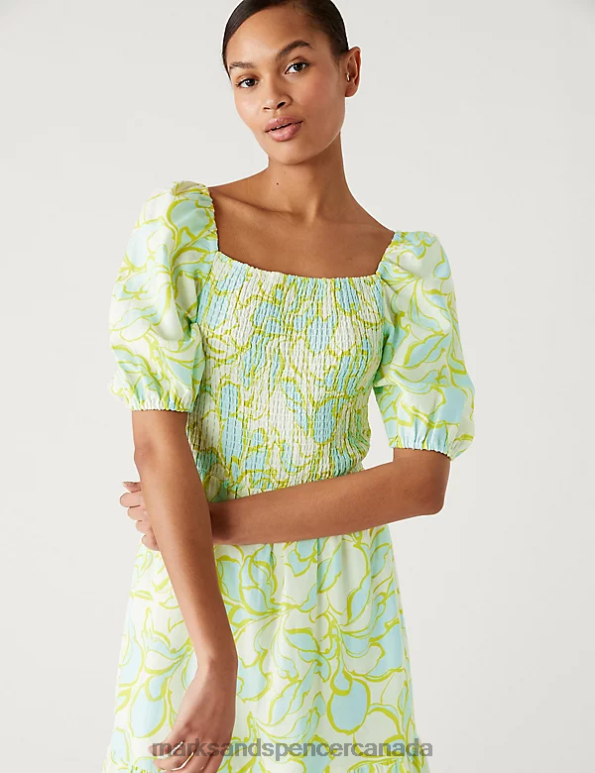 Women Green Mix Clothing Marks & Spencer Linen Rich Floral Square Neck Midi Dress 20VTD296 - Marks and Spencer outlet