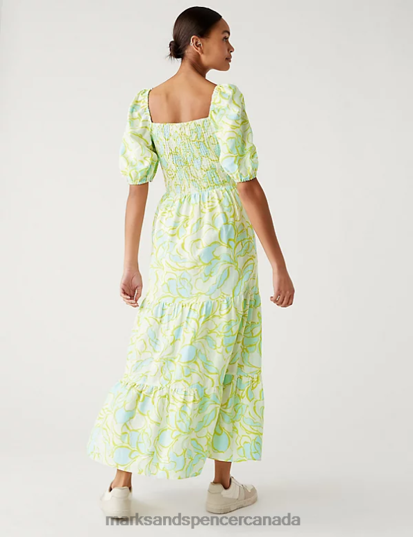 Women Green Mix Clothing Marks & Spencer Linen Rich Floral Square Neck Midi Dress 20VTD296 - Marks and Spencer outlet
